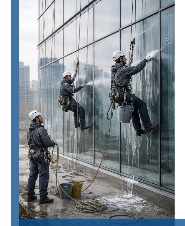 Промышленная мойка панорамных окон на высоте в Снежинске