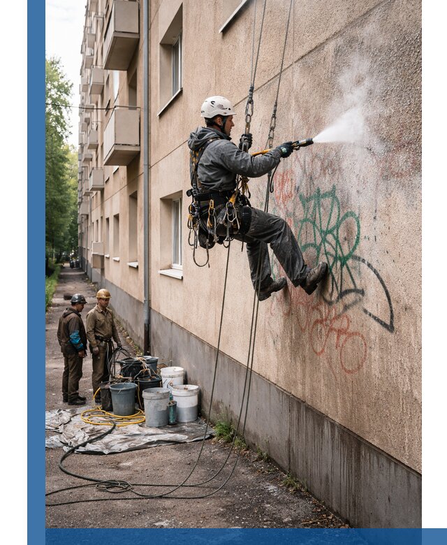 Удаление граффити с фасада в Снежинске без следов и повреждений