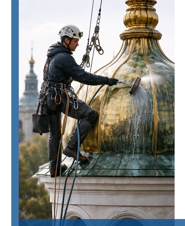 Профессиональная мойка куполов и шпилей высотными альпинистами в Снежинске