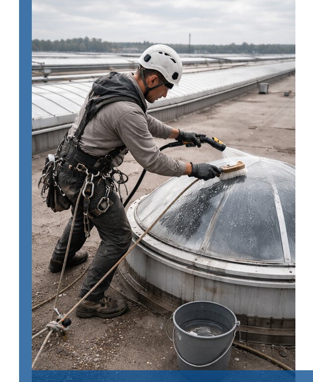 Мойка зенитных фонарей на кровле для промышленных объектов в Снежинске