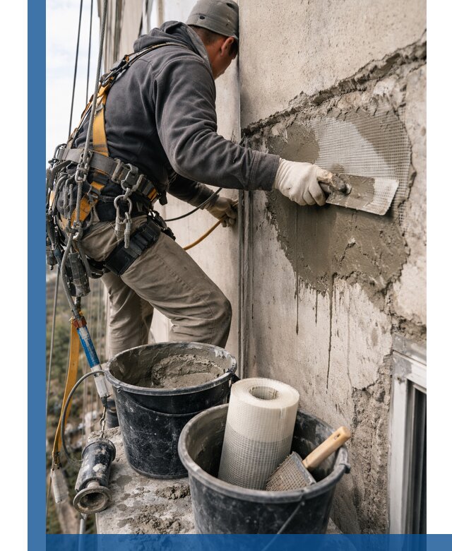 Ремонт бетонных элементов фасада промышленными альпинистами в Снежинске