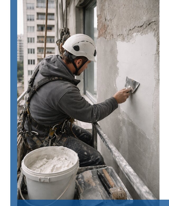 Шпаклевка фасадов на высоте с промальпинистами в Снежинске