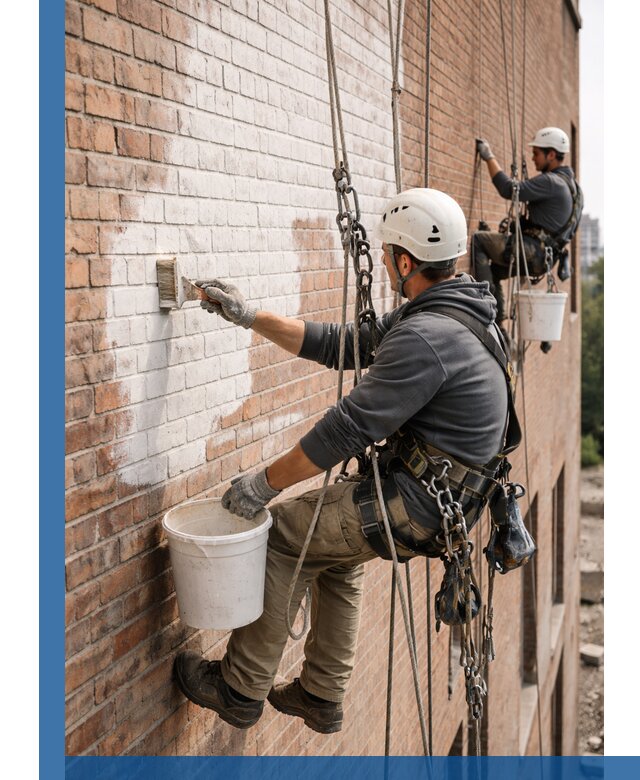 Покраска кирпичного фасада с доступным альпинистским сервисом в Снежинске