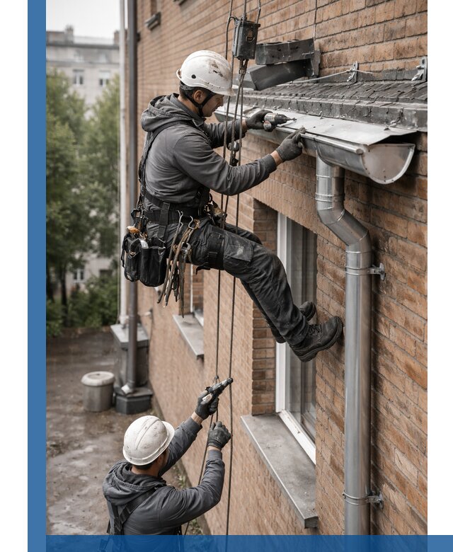 Монтаж водосточной системы на здании в Снежинске под ключ