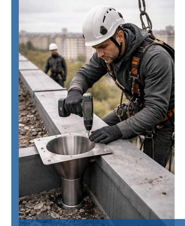 Монтаж водосточных воронок в Снежинске для промышленных зданий