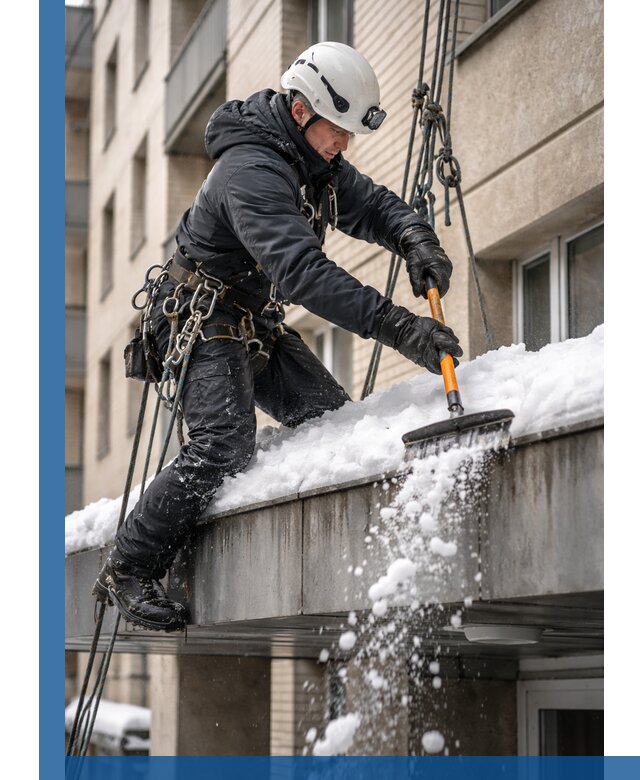 Очистка козырьков от снега в Снежинске круглогодично безопасно