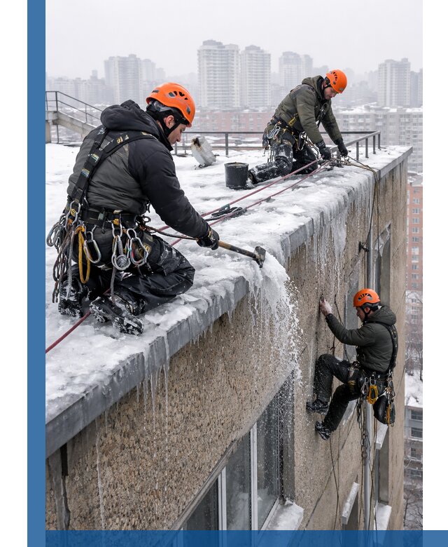 Удаление наледи с кровли в Снежинске промышленными альпинистами