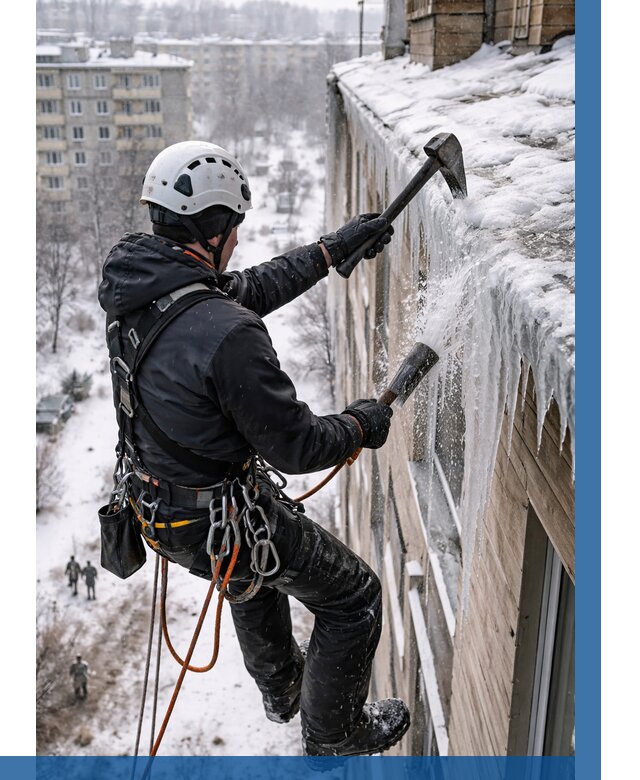 Сбивание сосулек с крыши в Снежинске по цене от 4676 р. | ВЫСОТНИК-Снж