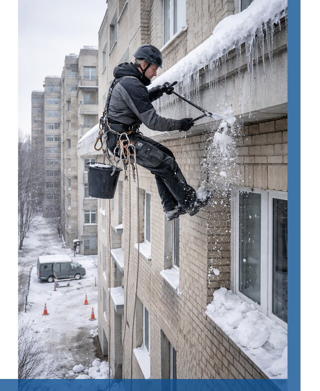 Удаление наледи с карнизов в Снежинске от 364 р. | ВЫСОТНИК-Снж