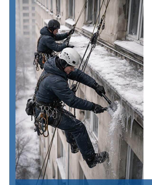 Удаление наледи и сосулек с карнизов в Снежинске профессионально