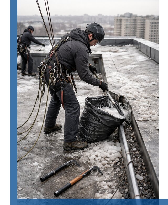 Аварийная очистка кровли в Снежинске от промальпинистов