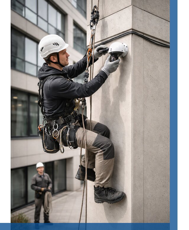 Монтаж камер видеонаблюдения на фасаде в Снежинске от 8833 р.-ВЫСОТНИК-Снж