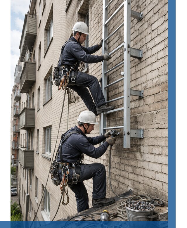 Монтаж пожарной лестницы в Снежинске от 25980 р заказать у ВЫСОТНИК-Снж