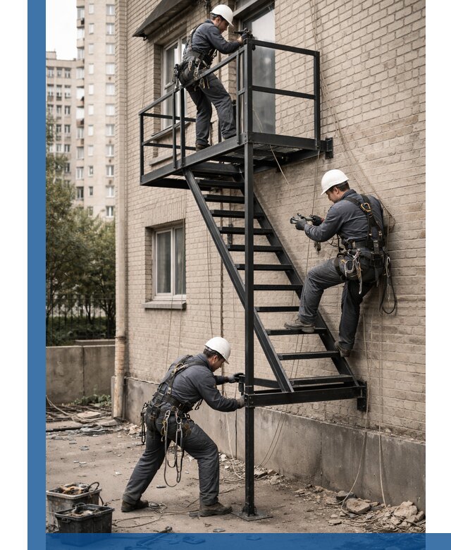 Монтаж пожарной лестницы в Снежинске, установка и крепление