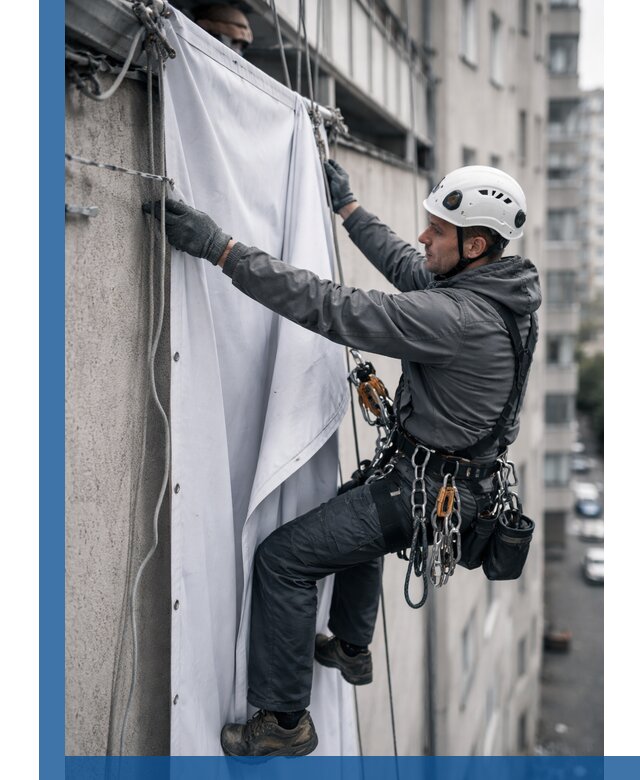 Замена баннерного полотна промышленными альпинистами в Снежинске