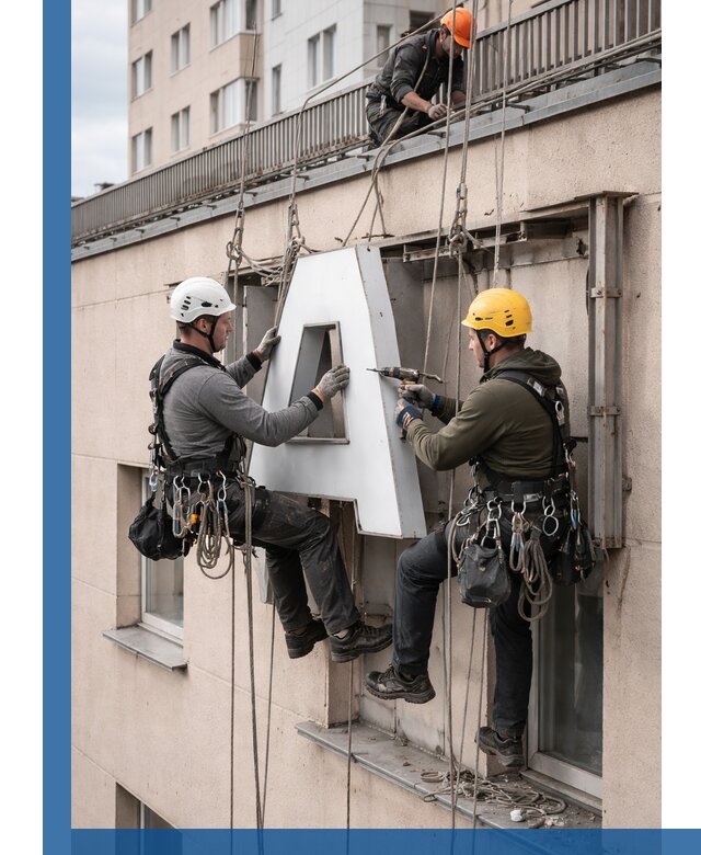 Ремонт и восстановление наружных вывесок на высоте в Снежинске