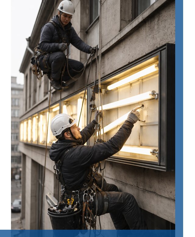 Замена ламп в вывеске в Снежинске под ключ от 3637 р. | ВЫСОТНИК-Снж