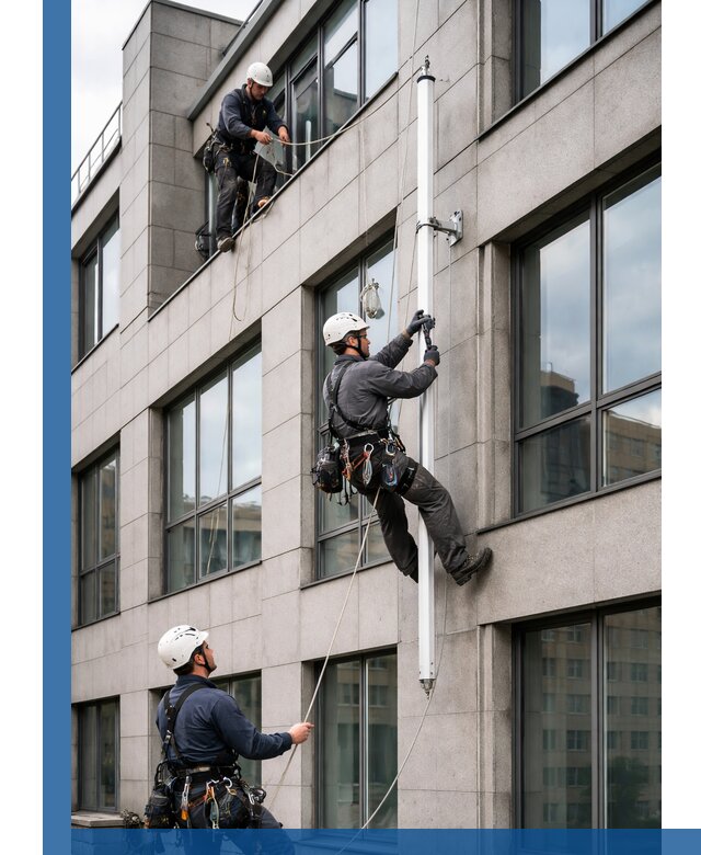 Монтаж флагштока на фасаде здания с креплением и герметикой в Снежинске