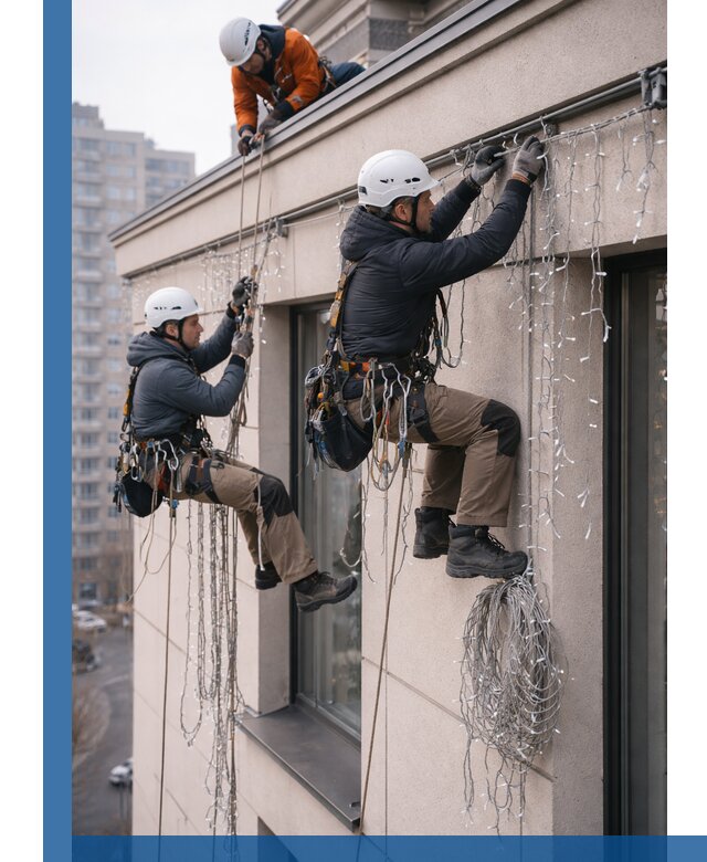 Монтаж праздничных гирлянд на фасаде в Снежинске для зданий