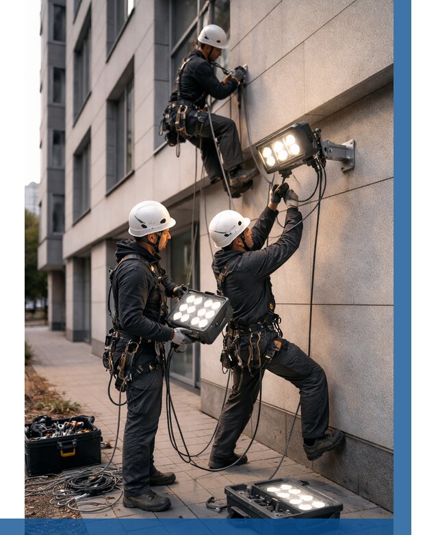 Монтаж прожекторов на фасаде в Снежинске от 7794 р. | ВЫСОТНИК-Снж