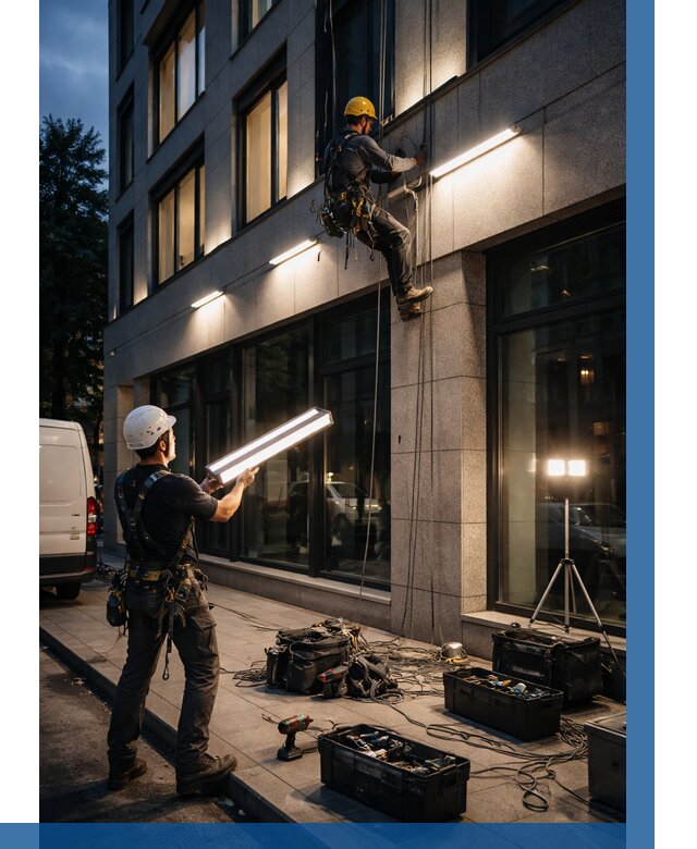 Монтаж архитектурной подсветки здания в Снежинске от 2598 р.|ВЫСОТНИК-Снж