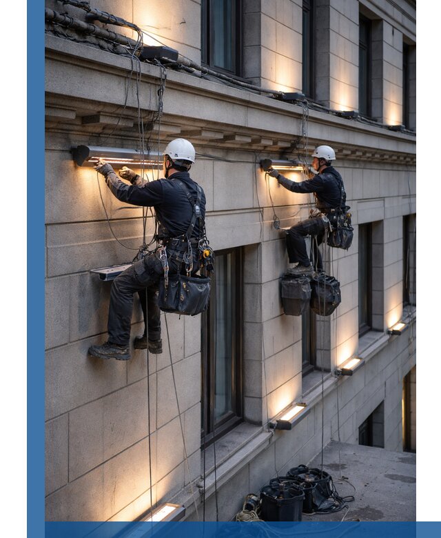 Монтаж архитектурной подсветки фасадов зданий в Снежинске