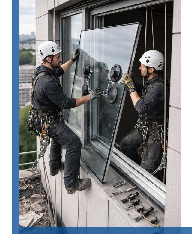 Замена стеклопакетов на высоте с промышленными альпинистами в Снежинске