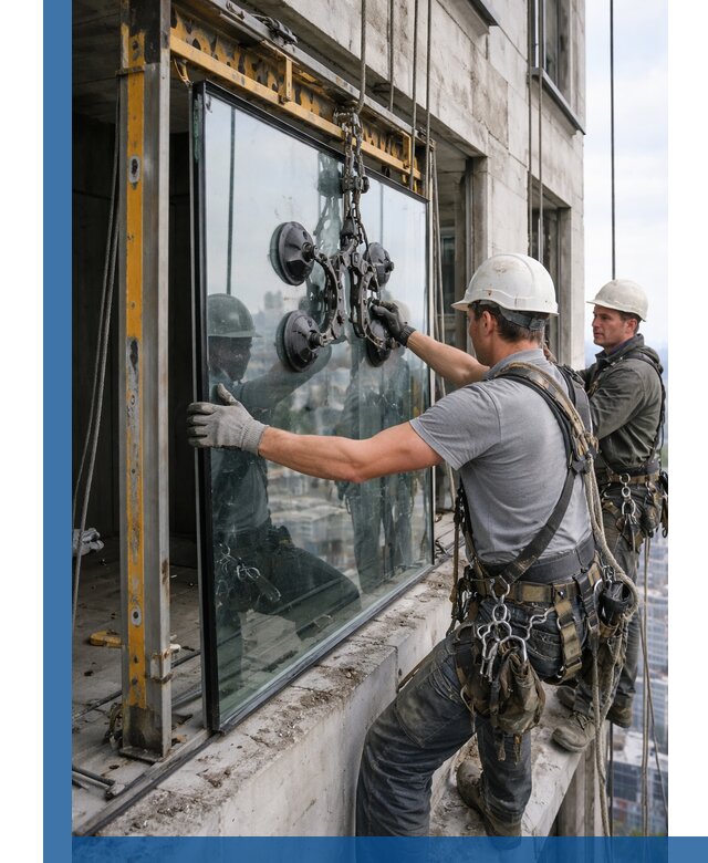 Монтаж стеклопакетов на высоте в Снежинске с промышленным альпинизмом