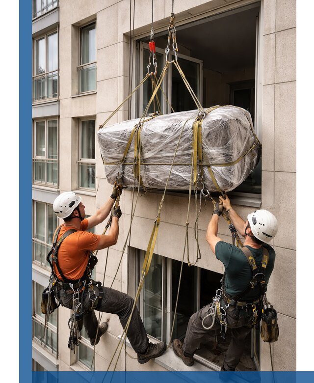 Подъем грузов через окно в Снежинске промышленными альпинистами