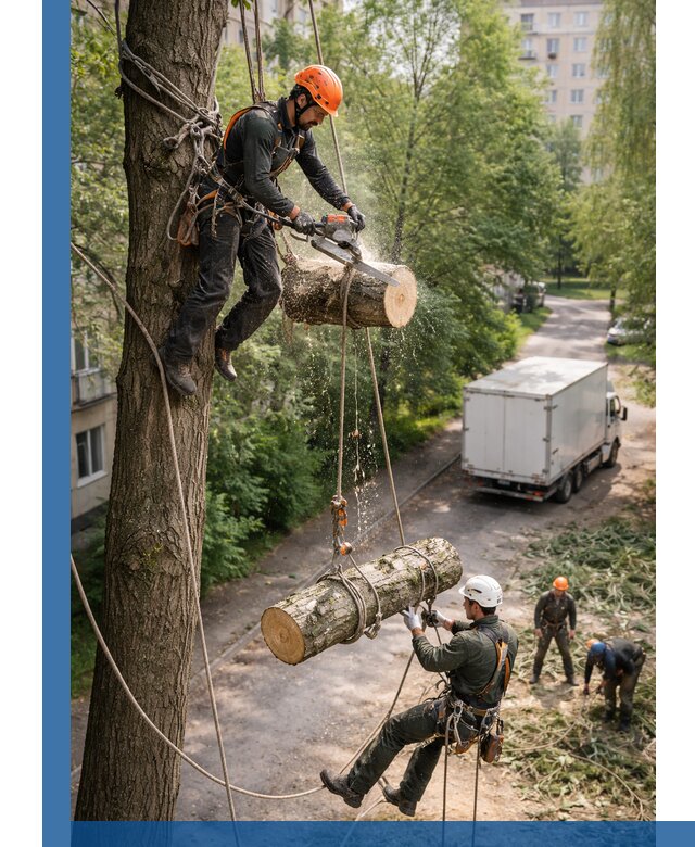 Спил деревьев альпинистами в Снежинске, безопасно и без повреждений